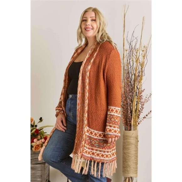 ✨NWT‎ ADORA Full Size Fringe Hem Aztec Border Cardigan Plus Size - Picture 3 of 4